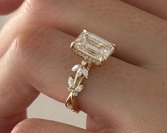 3 Carat Emerald Cut E VVS2 Lab Grown Diamond Nature Inspired Engagement Ring / 14k 18k Yellow Gold Twig and Leaf Proposal Ring / Branch Ring