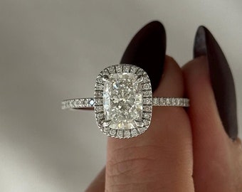 2 Carat Elongated Cushion Lab Grown Diamond Halo Engagement Ring / Lab Diamond Ring / Pave Proposal Ring in White Gold / Classic Dainty Ring