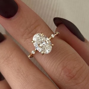 2 Carat Oval Lab Grown Diamond Ring / 2 CT Oval Diamond Thin Engagement Ring / Dainty Ring / 14K Gold Hidden Halo Engagement Ring / E VVS2