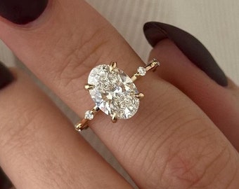 2 Carat Oval Lab Grown Diamond Ring / 2 CT Oval Diamond Thin Engagement Ring / Dainty Ring / 14K Gold Hidden Halo Engagement Ring / E VVS2