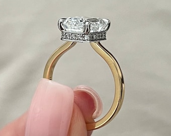 3.5 Carat Emerald Cut E VVS2 Lab Grown Diamond Hidden Halo Engagement Ring / Two Tone White Prongs Ring / High Set Flush Fit Engagement Ring