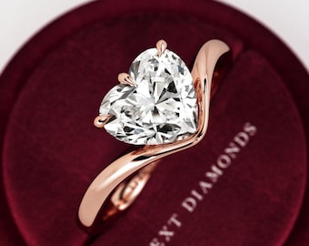 2 Carat Heart Shape Lab Grown Diamond Solitaire Ring , Curved Heart Diamond Engagement Ring , Unique Nested Ring in Rose Gold, CVD Diamond