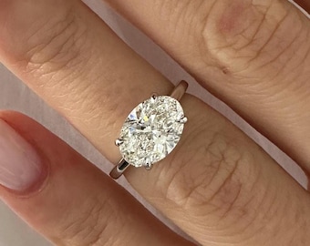 2 Carat Oval E VVS2 Lab Grown Diamond Cathedral Solitaire Ring , East West Engagement Ring / 14k White Gold High Set Diamond Ring / 2CT OVAL