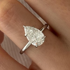 2 Carat Pear Cut D VVS2 Lab Grown Diamond Ring , 14k White Gold , 18k White Gold , Platinum 1.5MM Thin Engagement Ring , 2ct Solitaire Ring