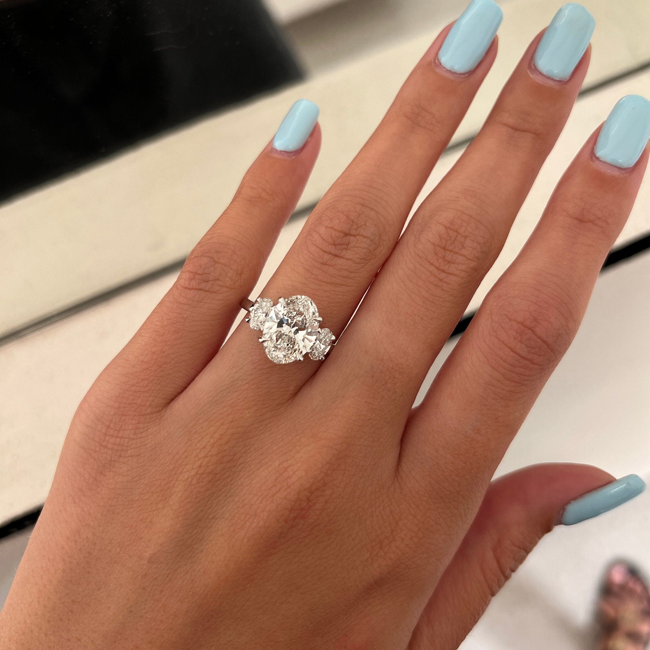 4.2 TCW E VVS2 Oval Lab Grown Diamond Three Stone Ring / 3.5ct Oval 3 Stone Ring / Triad Engagement Ring / 14k White Gold Trilogy Oval Ring