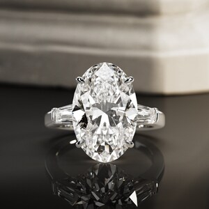 BIG 6 Carat Oval E VVS2 Lab Grown Diamond Engagement Ring / Oval and Tapered Baguette Three Stone Ring / Luxury 3 Stone 18k White Gold Ring