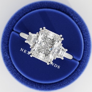 3.5 Carat Radiant E VVS2 Lab Diamond Three Stone Ring / 4 Carat Total Radiant and Trapezoid 3 Stone Ring in 14k 18k White Gold / Platinum