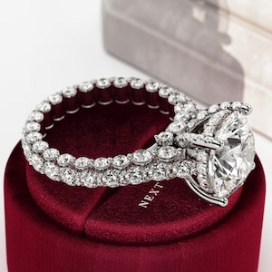 5 Carat Round Brilliant Lab Grown Diamond ICED OUT Engagement Ring / 9 Carat Total Carat Cathedral Luxury Ring / 3D Pave Set / VVS2 E IGI