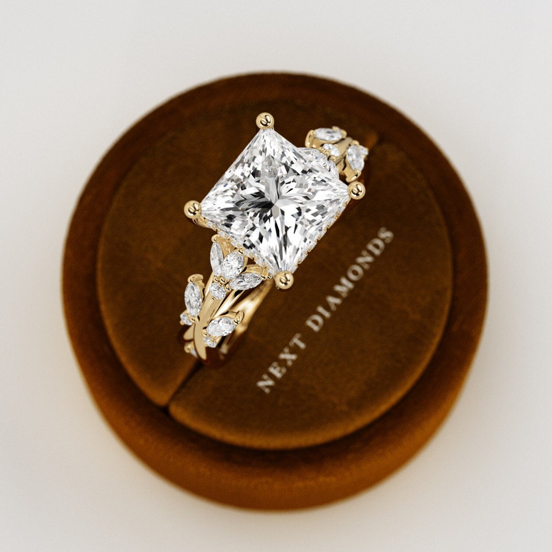 3 Carat Princess Cut Lab Grown Diamond Nature Inspired Engagement Ring ...