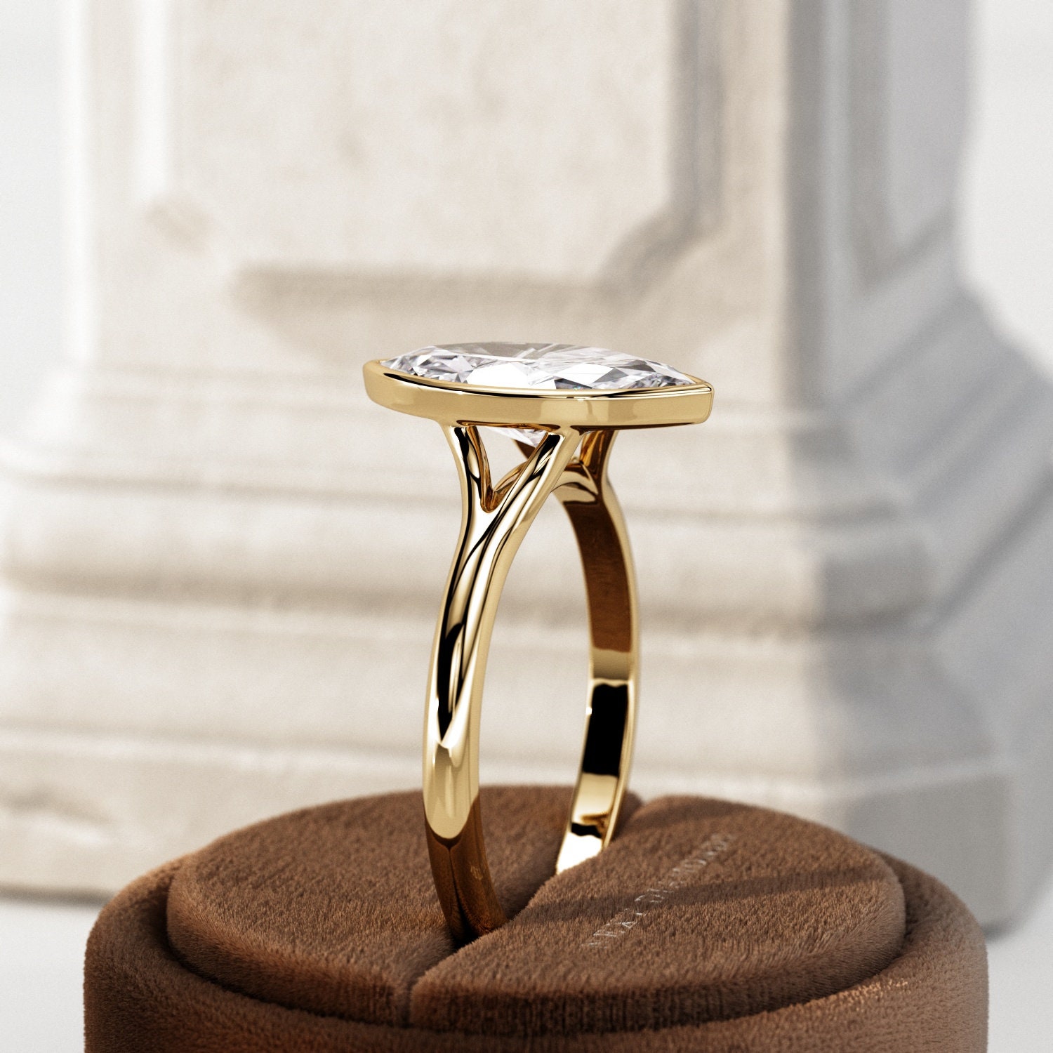 2 Carat Marquise Lab Created Diamond Bezel Set Ring / Split Shank