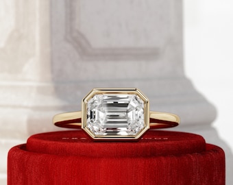 2 Carat Emerald Cut Lab Grown Diamond Ring / Emerald Diamond Bezel Set Engagement Ring / Yellow Gold Art Deco Cathedral Solitaire Ring /