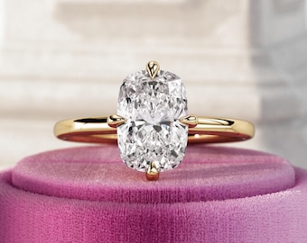 2 Carat Elongated Cushion Lab Grown Diamond E VS1 / Hidden Halo Engagement Ring / Kite Setting Unique Ring in Yellow Gold / Compass Set Ring