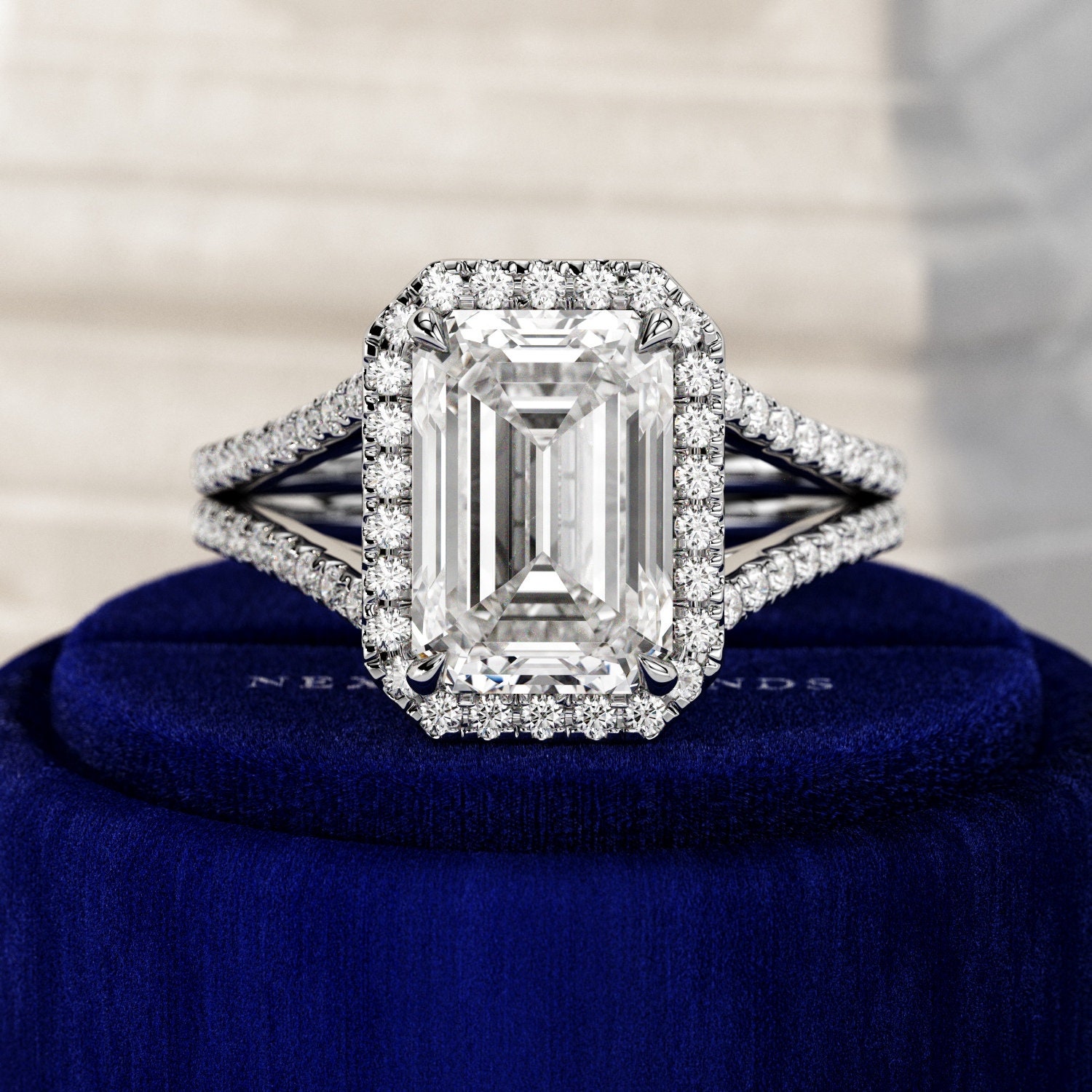 3 Carat Emerald Cut Lab Grown Diamond Engagement Ring / Split Shank ...
