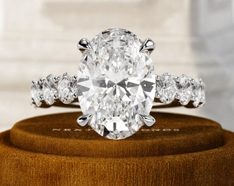 5 Carat Oval E VVS2 Lab Grown Diamond Engagement Ring / 7.2 CTW 18K White Gold Classic Luxury Diamond Ring / Trellis Set Oval Band Ring