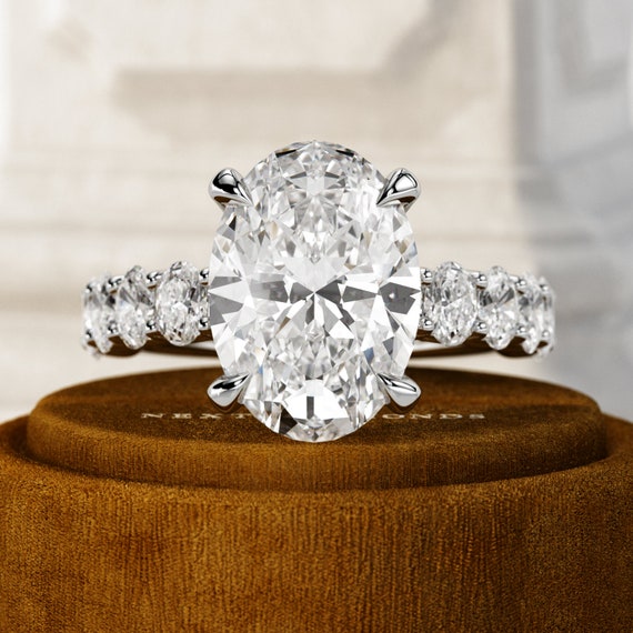 5 Carat Oval E VVS2 Lab Grown Diamond Engagement Ring / 7.2 CTW 18K White Gold Classic Luxury Diamond Ring / Trellis Set Oval Band Ring
