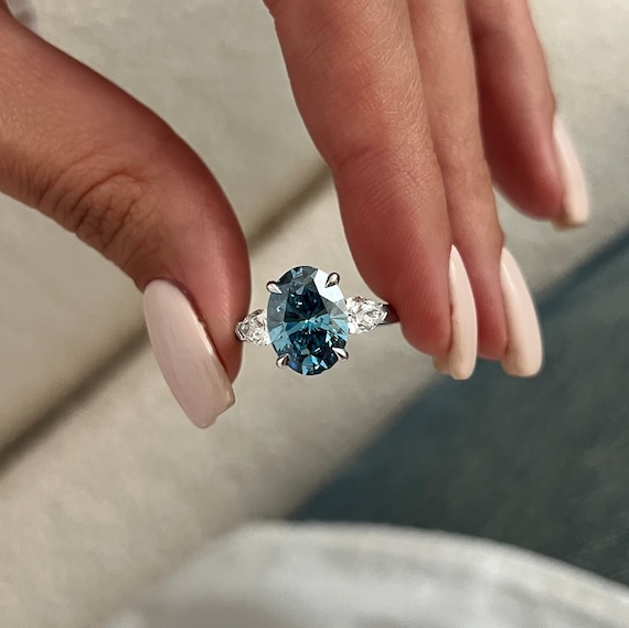 3 Carat Oval Fancy Vivid Blue Diamond Three Stone Ring / Blue Lab 