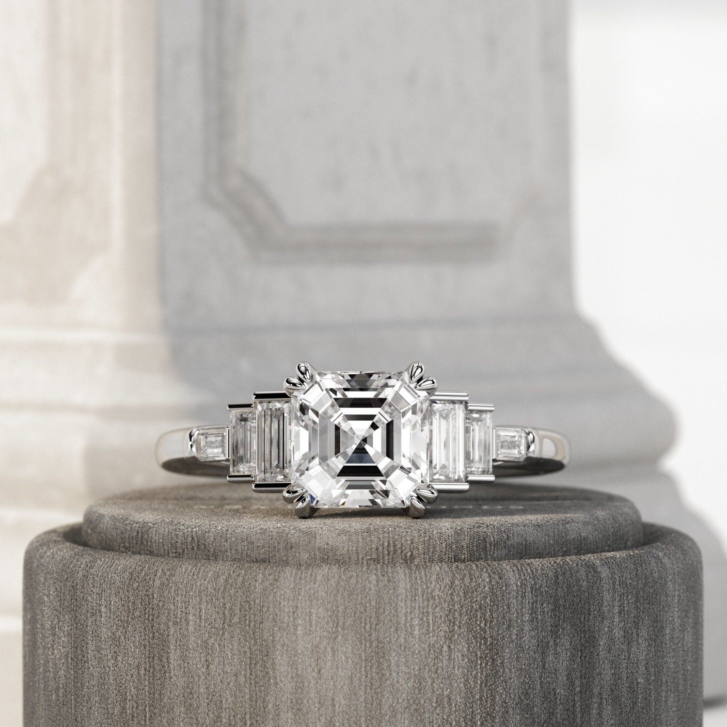 2 Carat E VVS2 Asscher Cut 14K Gold Art Deco Ring / Baguette