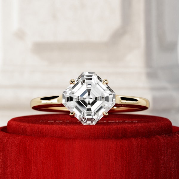 Bague de fiançailles taille Asscher 2 carats / bague diamants cultivés en laboratoire taille Asscher / bague solitaire cathédrale / bague en or jaune / bague de mariée délicate