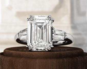 5 Carat Emerald Cut E VVS2 Lab Grown Diamond Unique Three Stone Style Engagement Ring / Platinum Diamond Ring With Double Tapered Baguettes