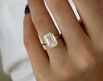 4 Carat Emerald Cut E VVS2 Lab Grown Diamond Bezel Set Solitaire Ring / Art Deco Emerald Diamond Ring / 14k Gold Cathedral Engagement Ring