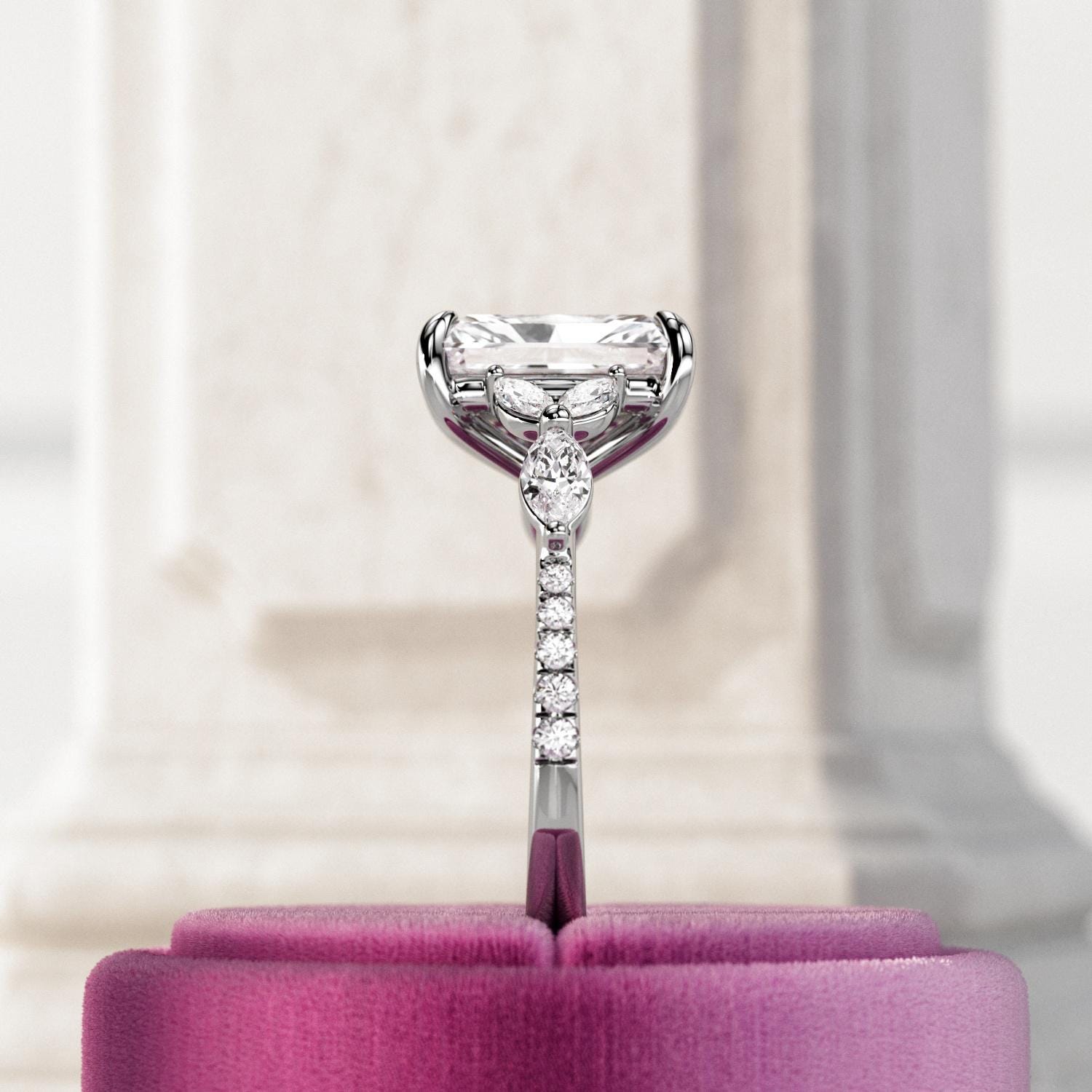 3 Carat Radiant Cut Lab Grown Diamond Twig and Leaf Proposal Ring