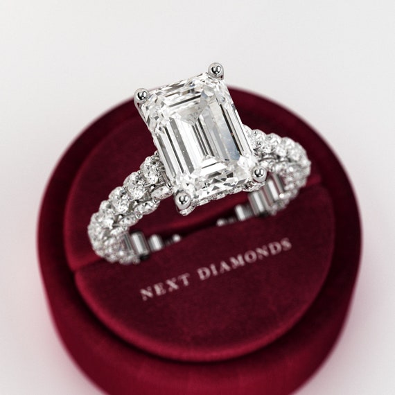 9 Carat E VVS2 Lab Grown Diamond Iced Out Engagement Ring / 18k White Gold Ring Full With Diamonds / 5 Carat Emerald Cut Luxury Diamond Ring