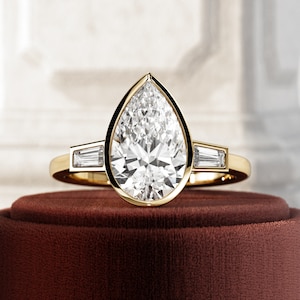 2 Carat E VVS2 Pear Cut Lab Diamond Bezel Set Three Stone Engagement Ring in Yellow Gold / Baguette and Pear 3 Stone Art Deco Diamond Ring