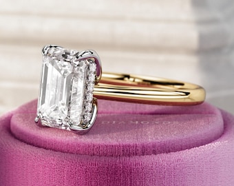 2.5 Carat Emerald Cut E VVS2 Lab Grown Diamond Lotus Floral Hidden Halo Engagement Ring / Yellow Gold Nature Inspired / Cathedral Setting