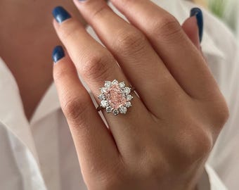3 Carat Elongated Cushion Fancy Intense Pink Lab Grown Diamond Diana Ring / Unique Baby Pink Cvd Diamond / Floral Engagement Ring
