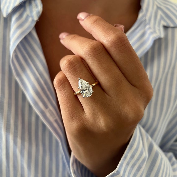 3ct Elongated Pear Cut Lab Grown Diamond Solitaire Ring VS1 F CVD Diamond Thin Two Tone White Prongs Engagement Ring 1.7 Ratio Pear Etsy