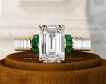 3 Carat Emerald Cut Lab Grown Diamond Art Deco Engagement Ring / Yellow Gold Green Emeralds and CVD Diamonds Proposal Ring / Vintage Ring