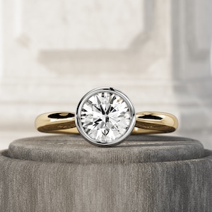 1 CT Round Brilliant Lab Created Diamond Solitaire Ring / Bezel Set Engagement Ring / Two Tone Tapered Diamond Ring / Unique Bezel Ring
