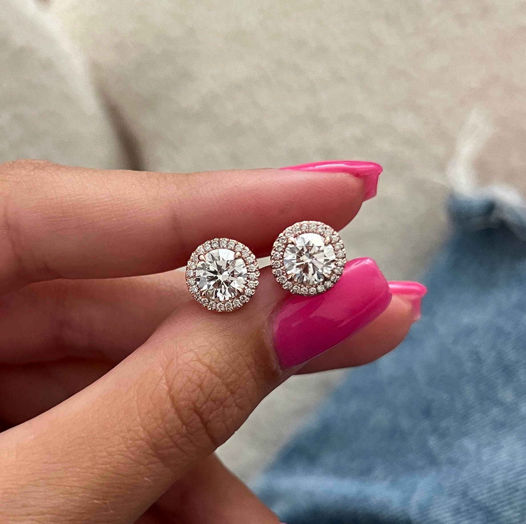 Carat Round Lab Grown Diamond Halo Stud Earrings CVD