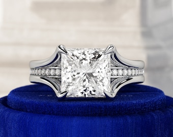 3 CT Princess Cut Lab Grown Diamond Engagement Ring / Unique Split Shank Ring / One of a Kind Hidden Halo Bespoke Floating Diamond Ring