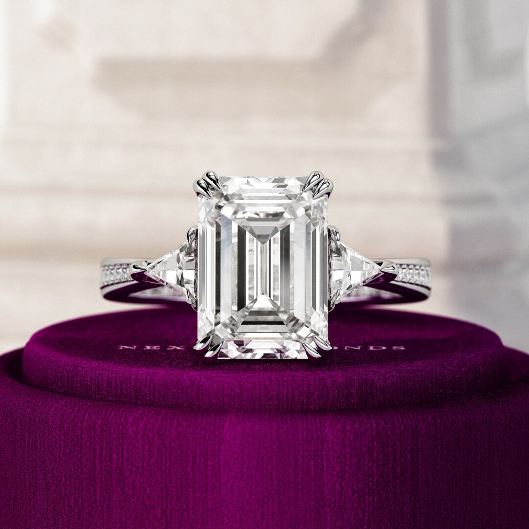 3.5 CT Emerald Cut Lab Grown Diamond Engagement Ring / Three Stone