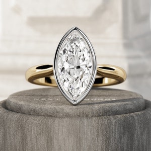 2 Carat Marquise Lab Grown Diamond Ring / Bezel Set Marquise Engagement Ring / Two Tone Solitaire Ring / Unique Bridal Ring / Proposal Ring