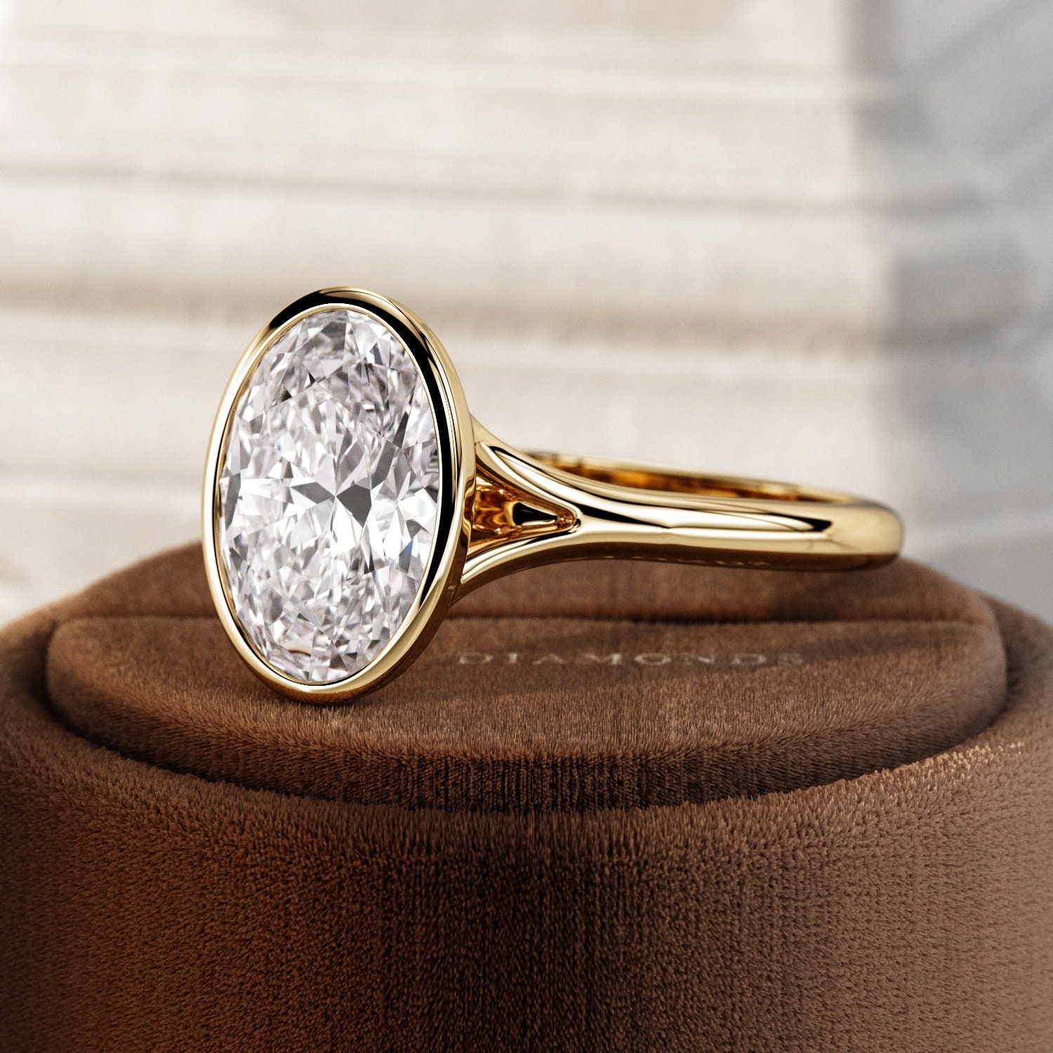 2 Carat Oval Lab Grown Diamond Solitaire Ring / Bezel Set CVD Diamond Engagement Ring / 2ct Oval Split Shank Engagement Ring /Cathedral Ring