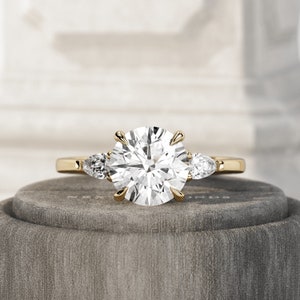 1.5CT Round Lab Grown Diamond Three Stone Bridal Set / Crown Engagement Ring Set / 3 Stone Diamond Ring / Pear & Round Cut / 14K 18K Gold image 5