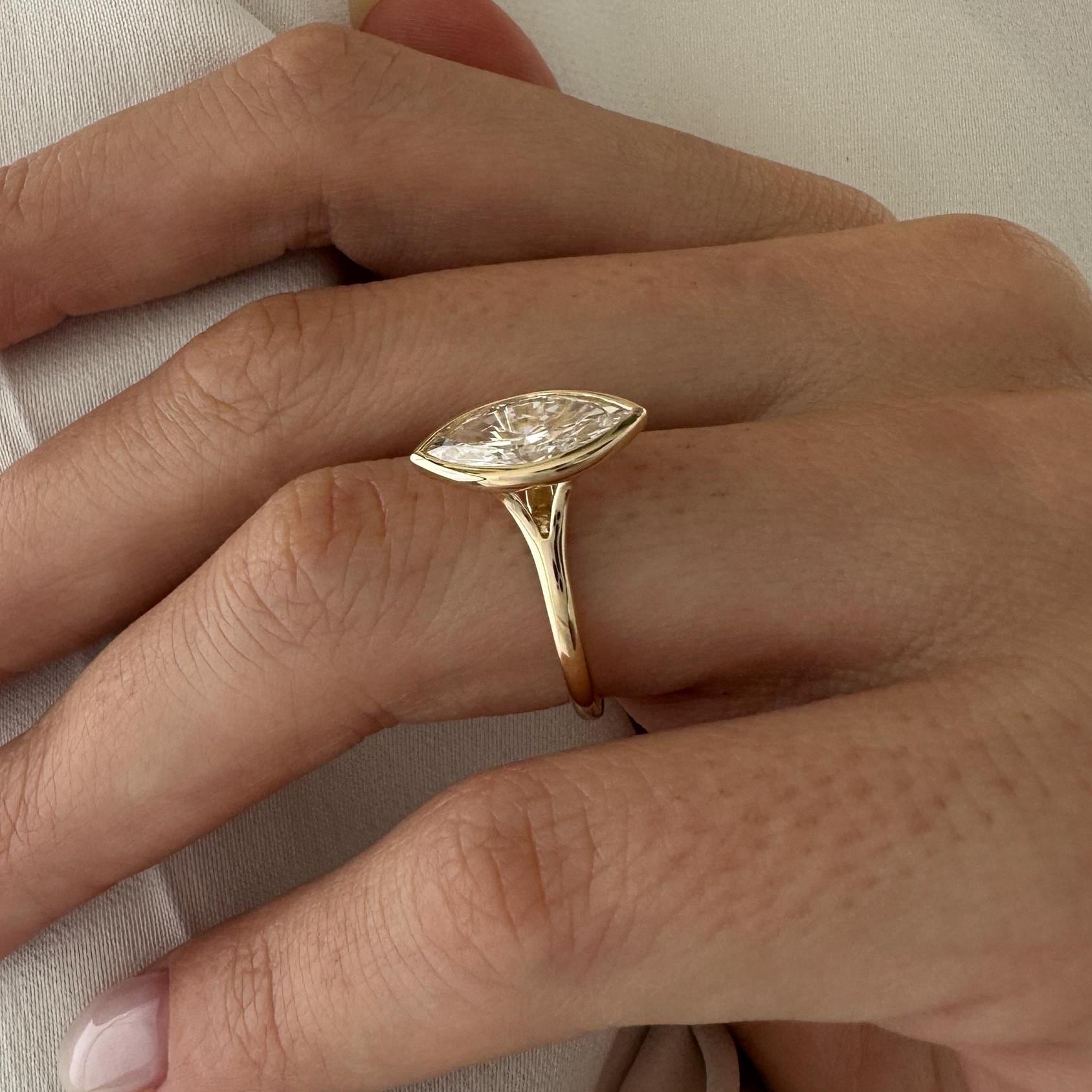 2 Carat Marquise Lab Created Diamond Bezel Set Ring / Split Shank