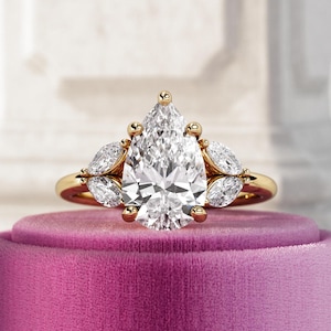 2 Carat Pear Shape Lab Grown Diamond Engagement Ring / Three Stone Ring / Side Stones Marquise / Pear Cut CVD E VS1 IGI Certified / 14k Gold