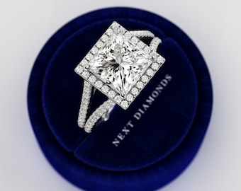 3 Carat Princess Cut Lab Grown Diamond Engagement Ring / Split Shank Halo Pave Ring / Unique Proposal Ring / Cathedral Ring in White Gold