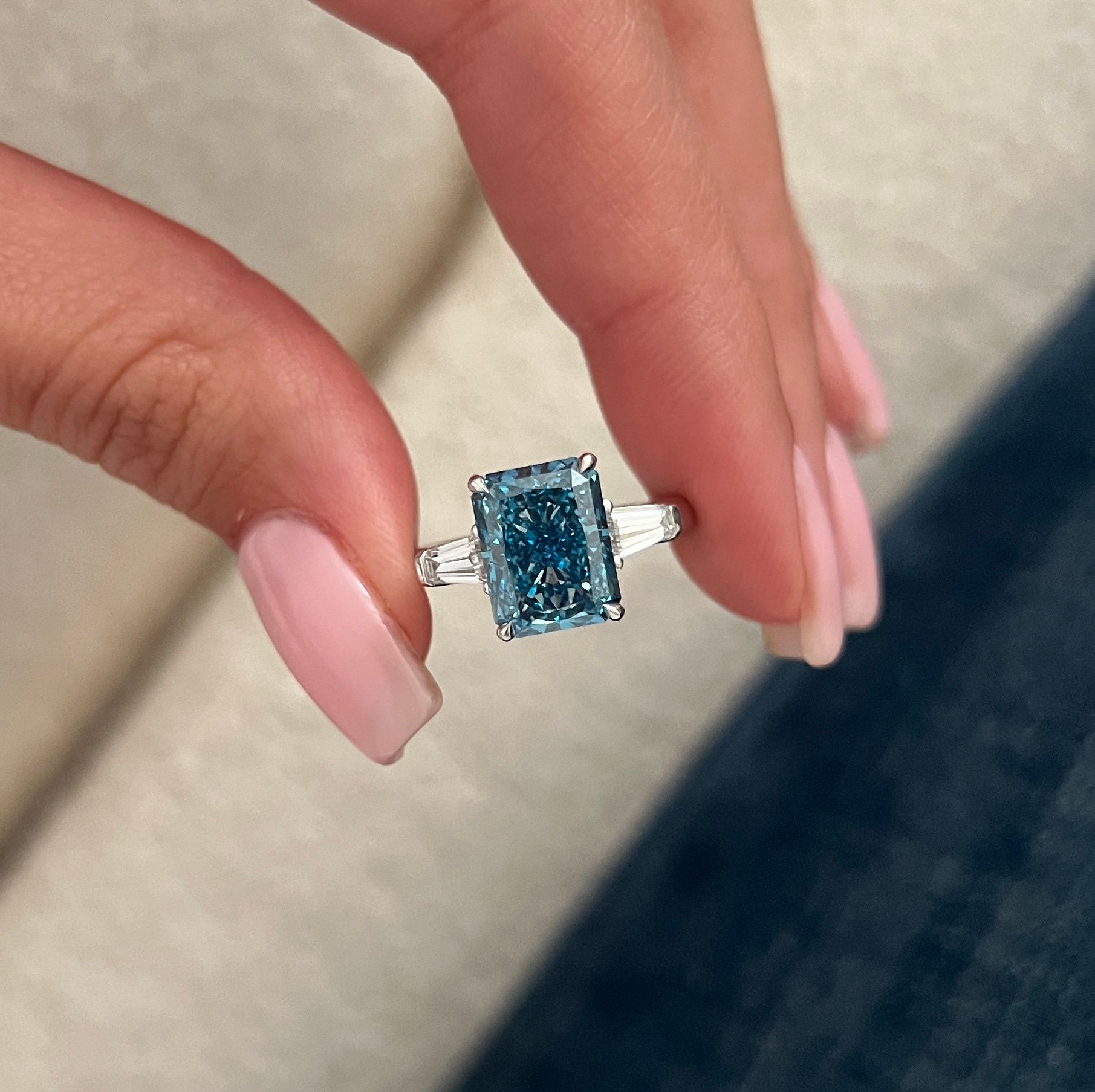 4 Carat Radiant Fancy Vivid Blue Lab Diamond 3 Stone Engagement 