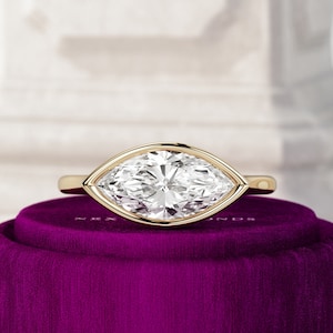 1.5 Carat E VVS2 Marquise Lab Grown Diamond Engagement Ring / East West Set Engagement Ring / Yellow Gold Bezel Set Solitaire Cathedral Ring