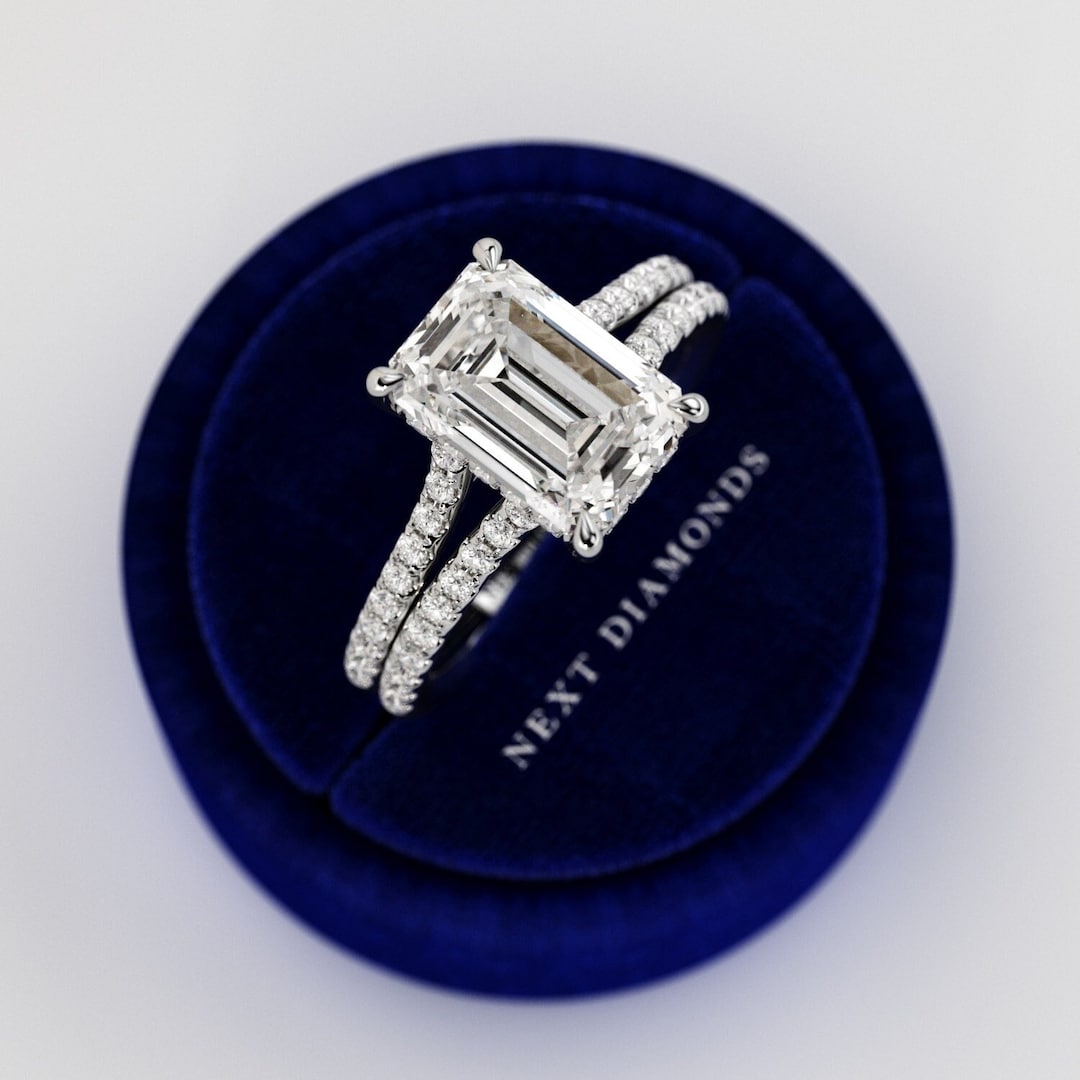 3 Carat Emerald Cut Lab Grown Diamond Split Shank Engagement Ring ...