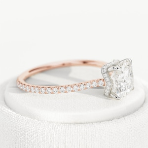 1.5 Carat Cushion Cut Engagement Ring / Unique Cushion Cut Lab Grown Diamond Ring in 14K Rose Gold / Hidden Crown Dainty Ring / Pave Shank