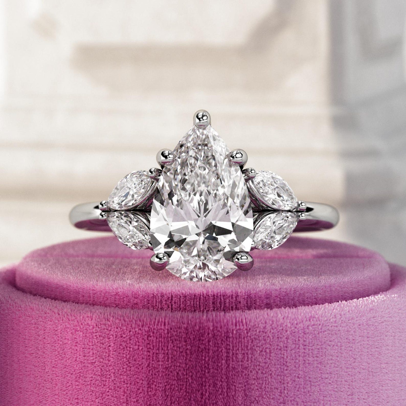 2 Carat Pear Shape Lab Grown Diamond Engagement Ring / Three Stone Ring ...