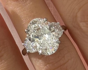 5 Carat Oval Lab Grown Diamond Three Stone Engagement Ring: Half Moon Side Diamonds / White Gold Trilogy Diamond Ring / UNIQUE 3 Stone Ring