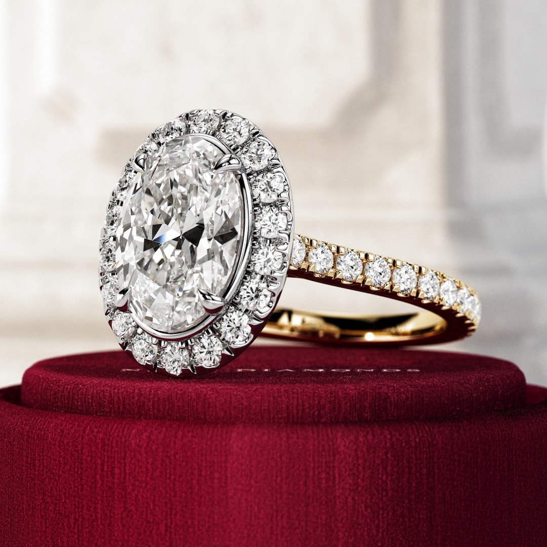 2 Carat Oval Lab Grown Diamond Two Tone Halo Engagement Ring / White ...