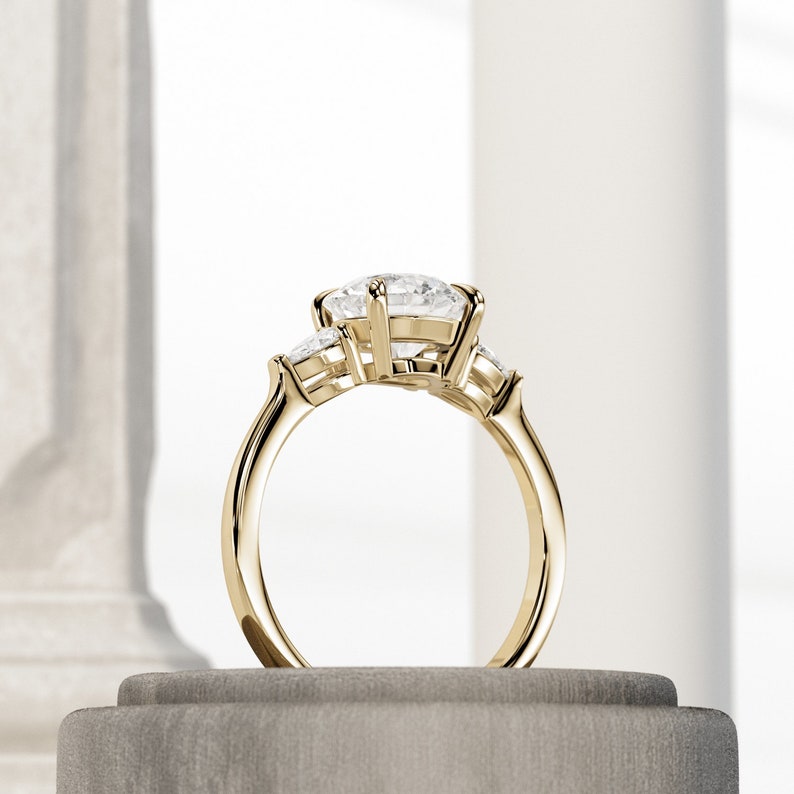 1.5CT Round Lab Grown Diamond Three Stone Bridal Set / Crown Engagement Ring Set / 3 Stone Diamond Ring / Pear & Round Cut / 14K 18K Gold image 6
