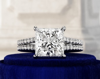 3 Carat Princess Cut Lab Grown Diamond Engagement Ring / Split Shank Hidden Halo Ring / Unique Proposal Ring / Anniversary Ring White Gold